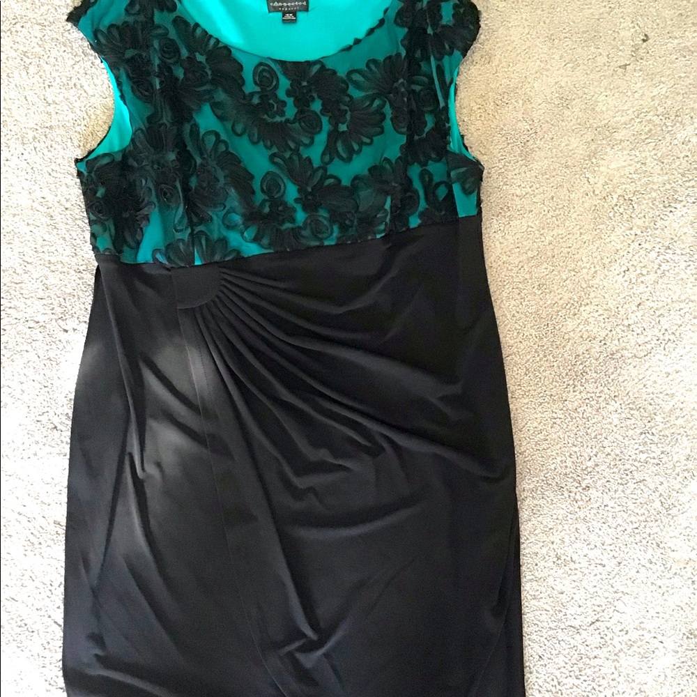 Connected Lace Bodice Faux Wrap Cocktail Dress